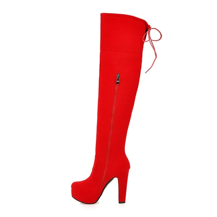 Women's Suede Round Toe Back Tied Side Zipper Platform Chunky Heel Over the Knee Boots
