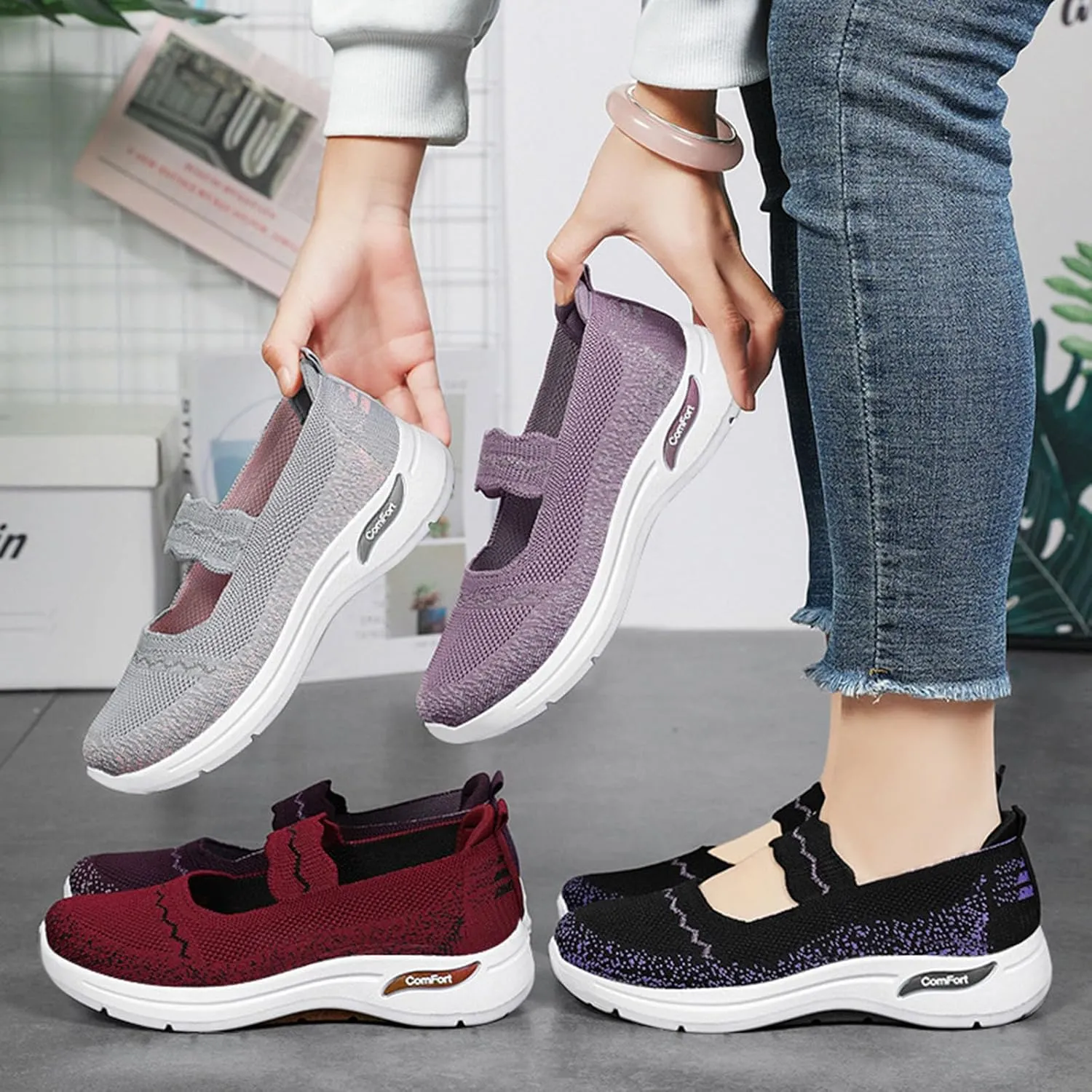 Women's Summer Fashion Knitted Lightweight Breathable Loafers Comfortable Orthopedic Soft Sole Non-Slip Walking Shoes