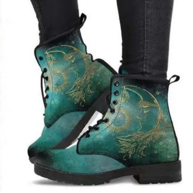 Women's sun & moon print lace-up martin booties