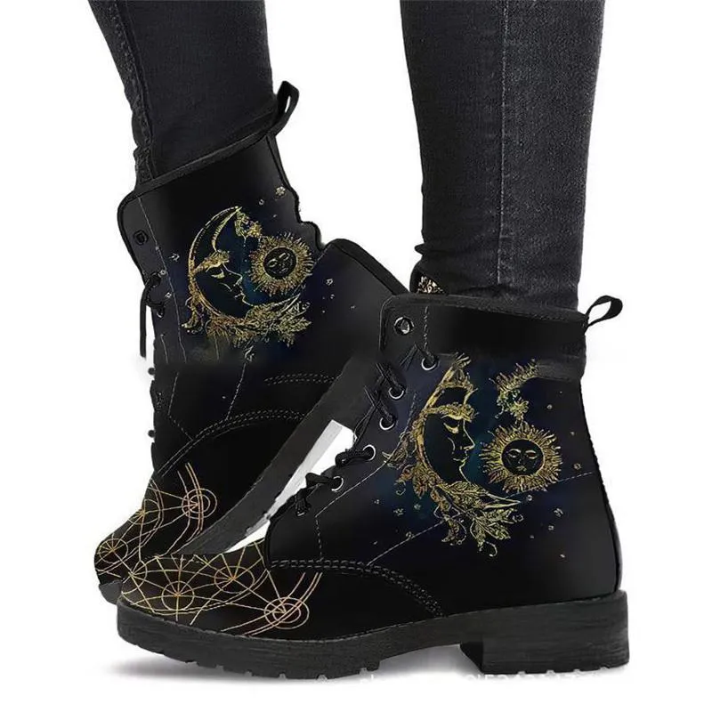 Women's sun & moon print lace-up martin booties