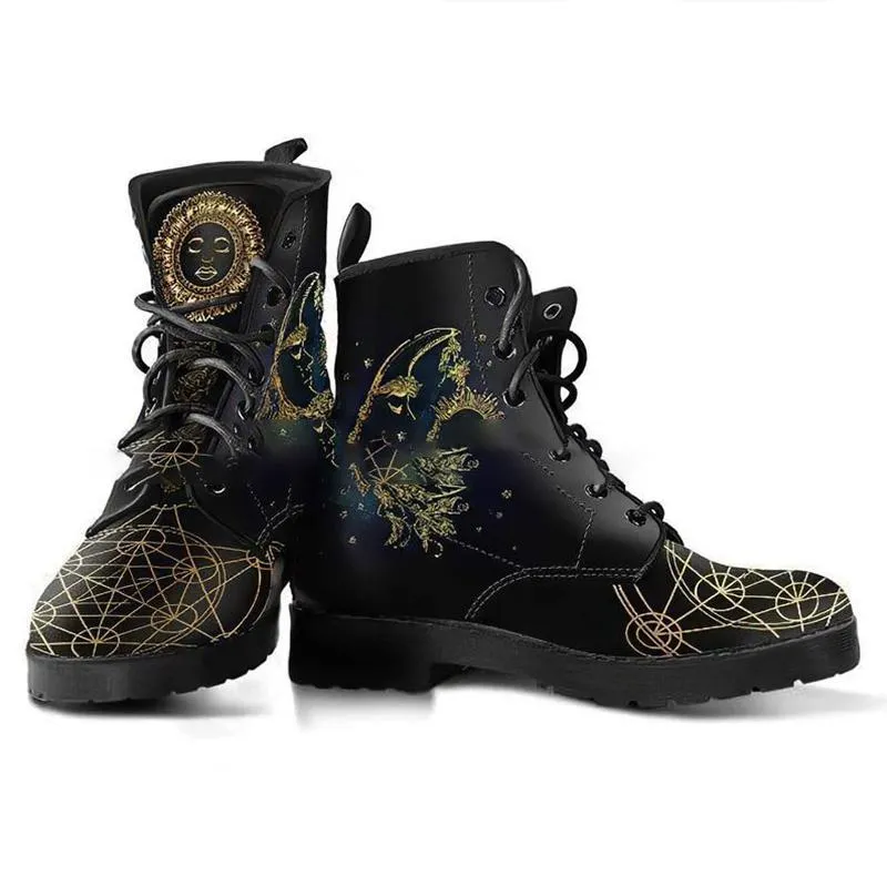 Women's sun & moon print lace-up martin booties