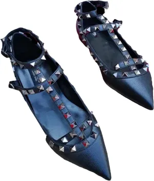 Women's T-Strap Studded Sandals, Pointy Toe Gold/Silver Flat Leather