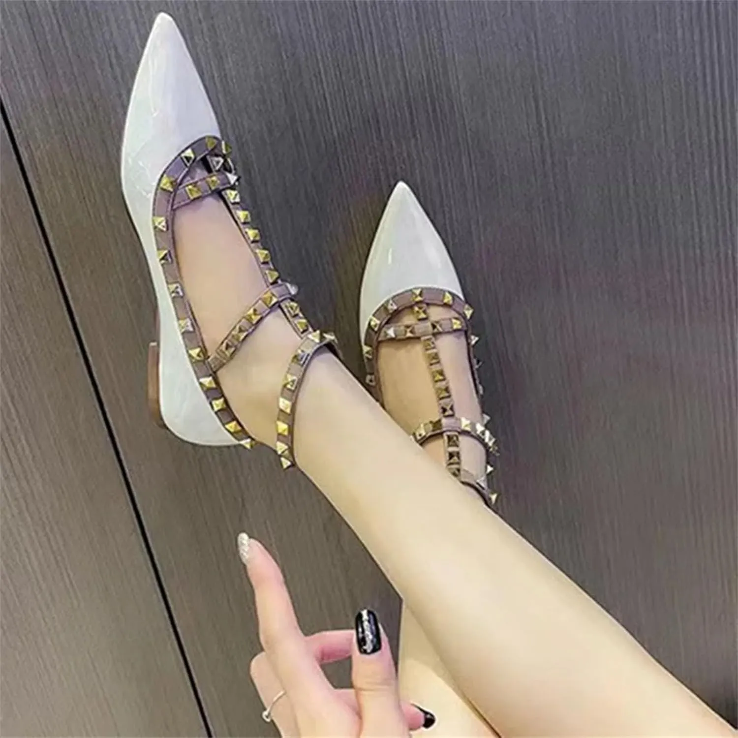 Women's T-Strap Studded Sandals, Pointy Toe Gold/Silver Flat Leather