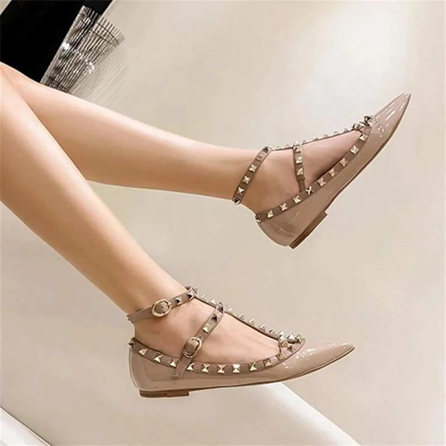 Women's T-Strap Studded Sandals, Pointy Toe Gold/Silver Flat Leather