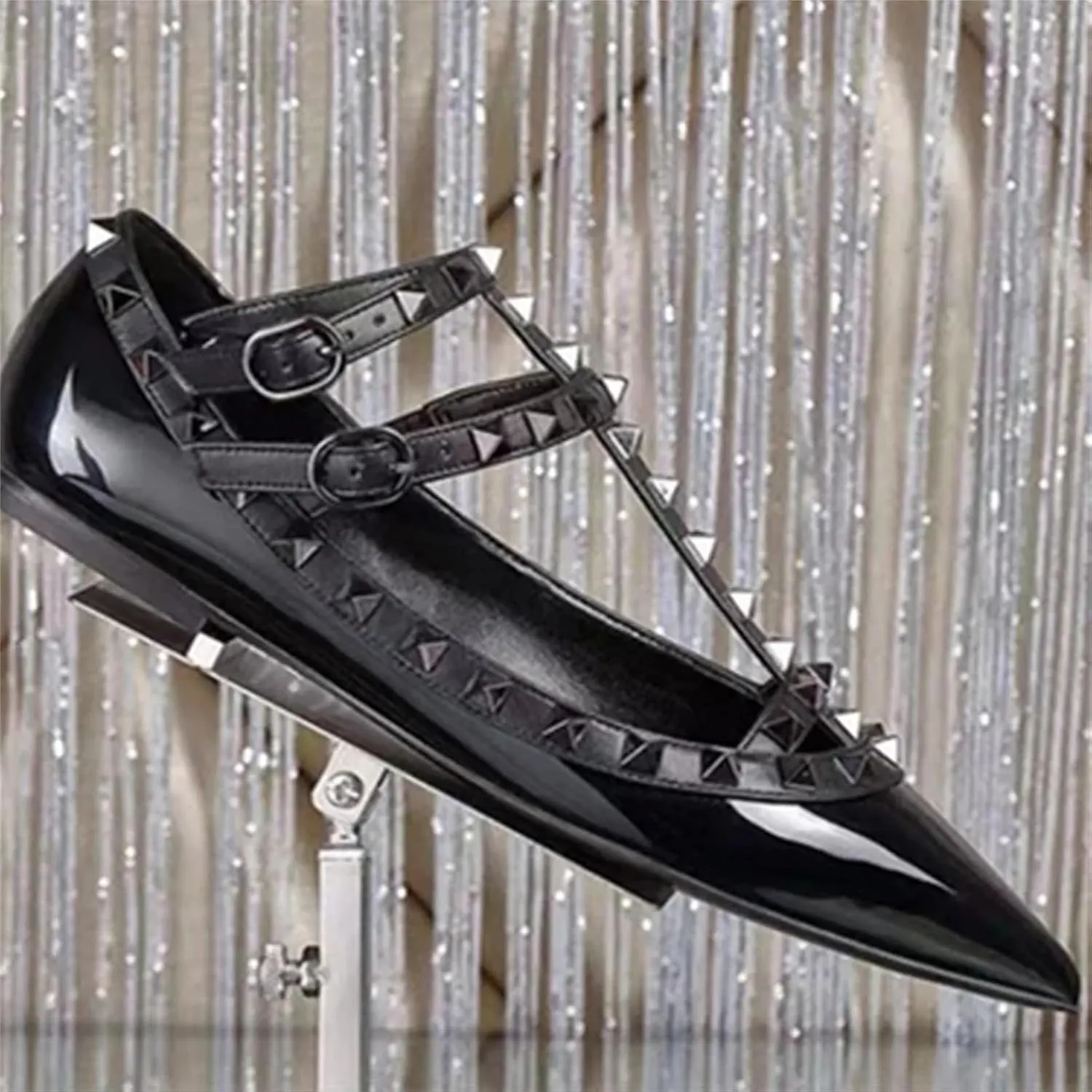 Women's T-Strap Studded Sandals, Pointy Toe Gold/Silver Flat Leather