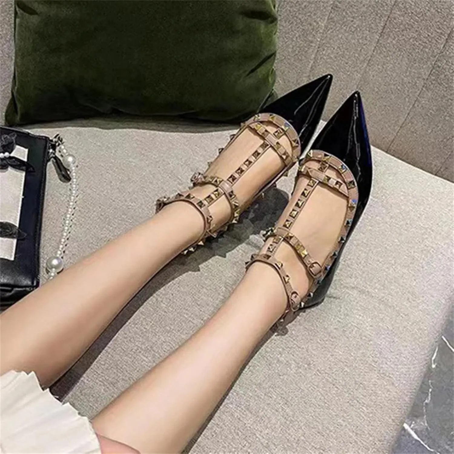 Women's T-Strap Studded Sandals, Pointy Toe Gold/Silver Flat Leather