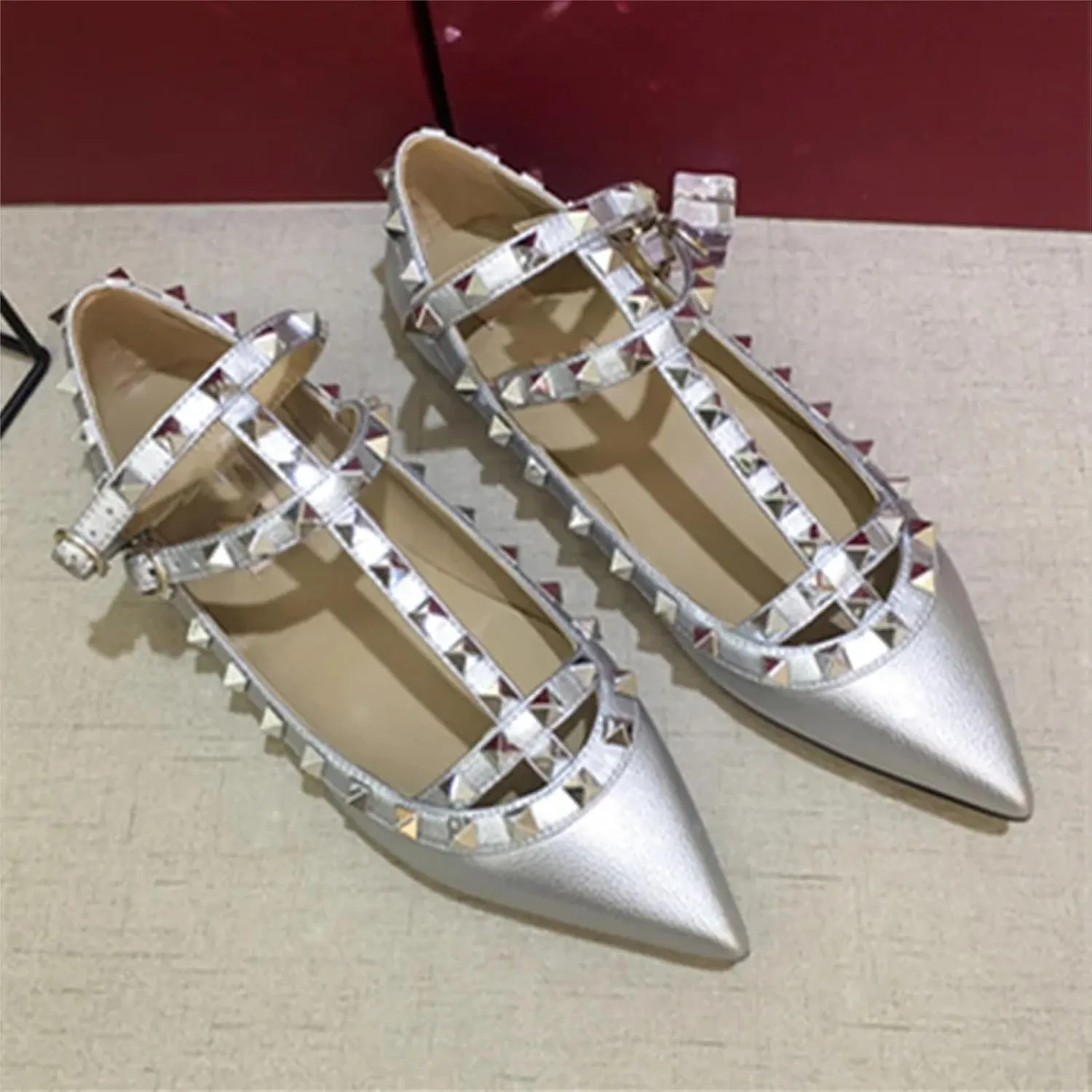 Women's T-Strap Studded Sandals, Pointy Toe Gold/Silver Flat Leather