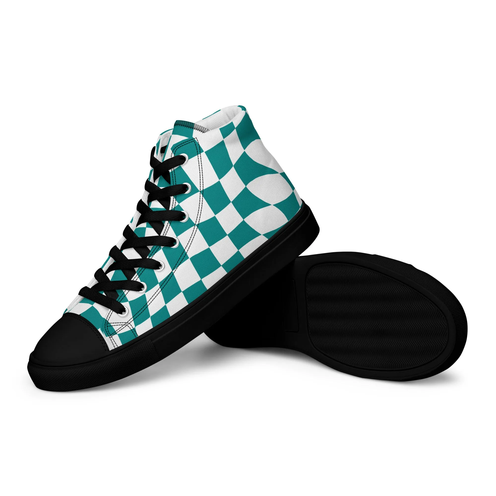 Women’s Teal Checkered high top canvas shoes, Checkered Sneakers, Gift Shoes