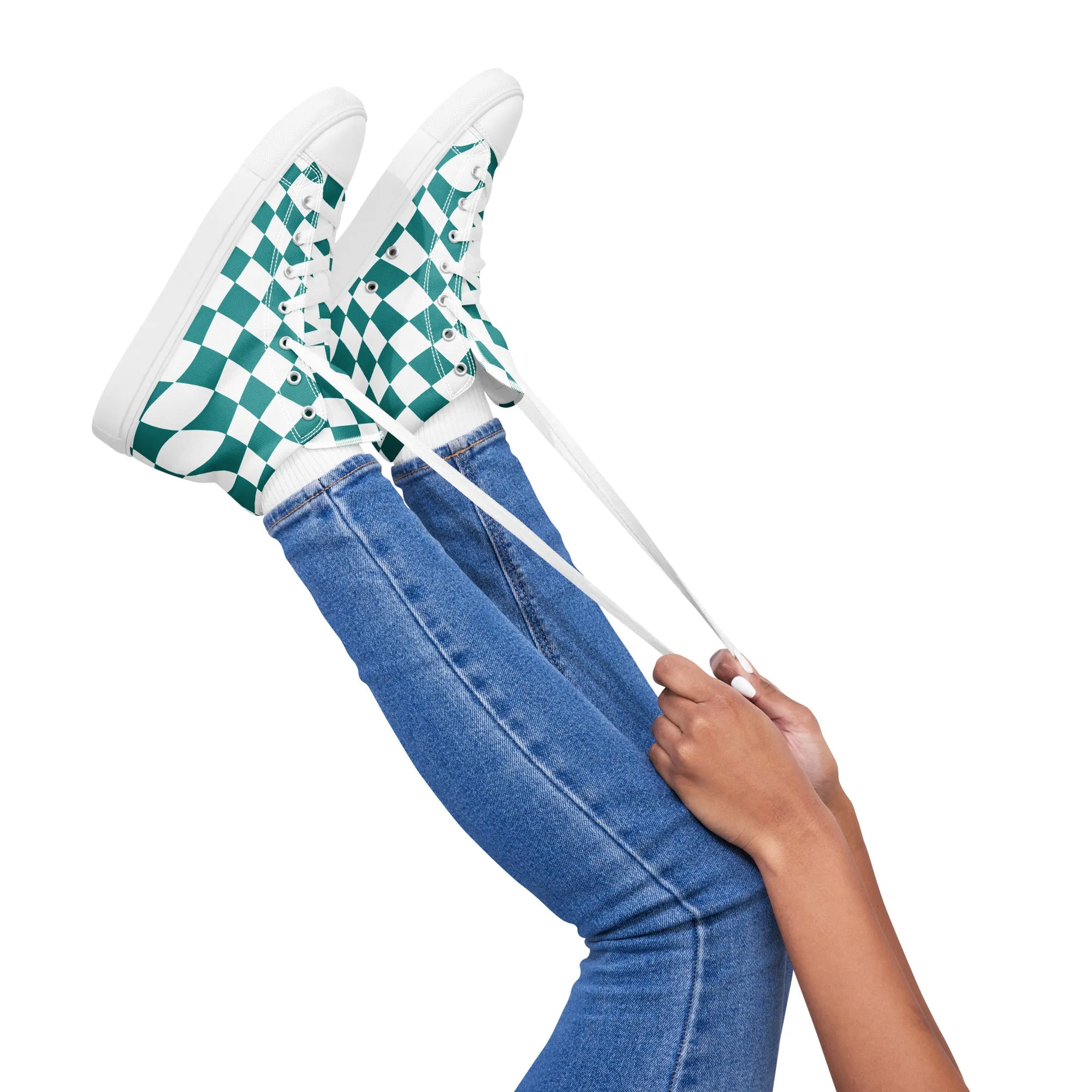 Women’s Teal Checkered high top canvas shoes, Checkered Sneakers, Gift Shoes
