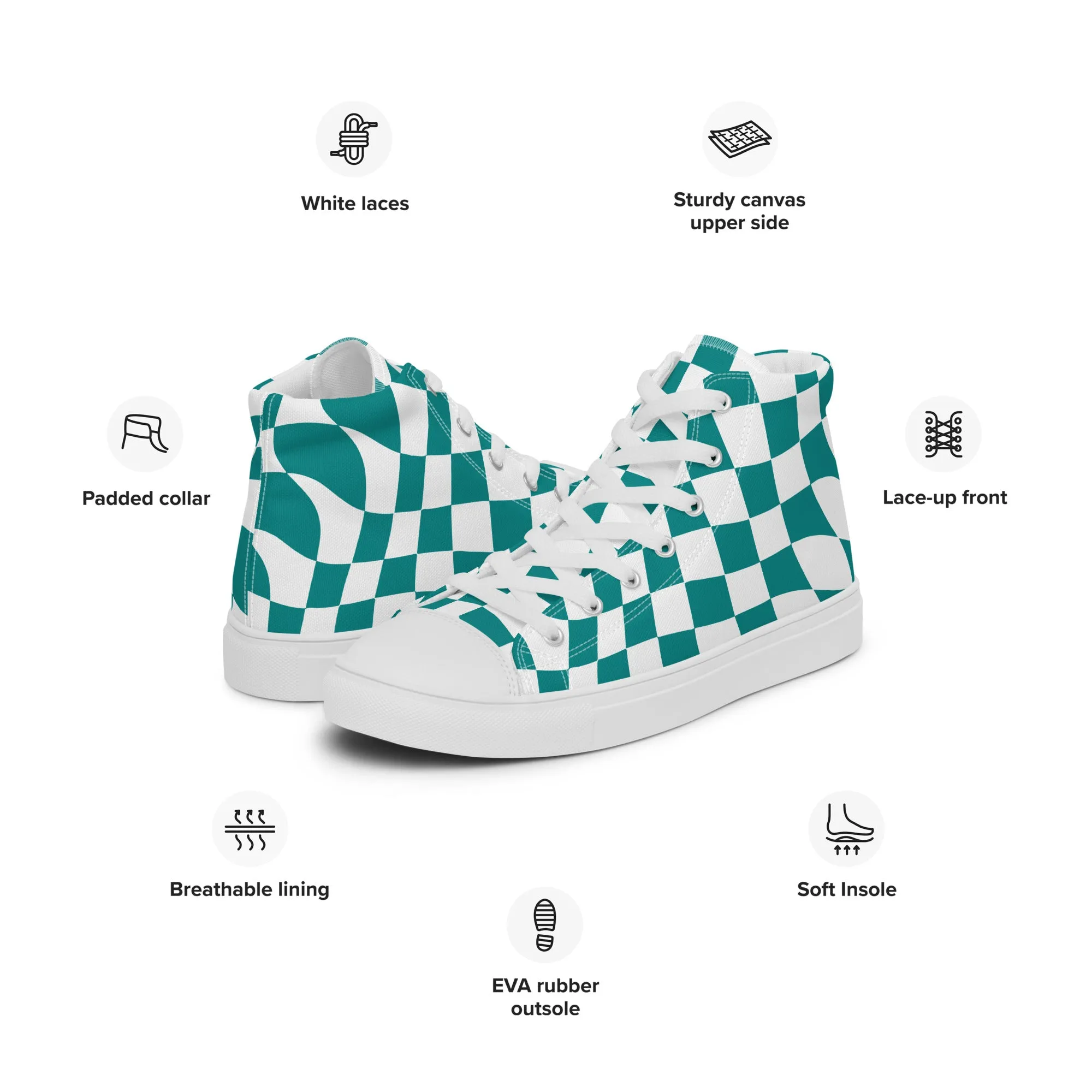 Women’s Teal Checkered high top canvas shoes, Checkered Sneakers, Gift Shoes