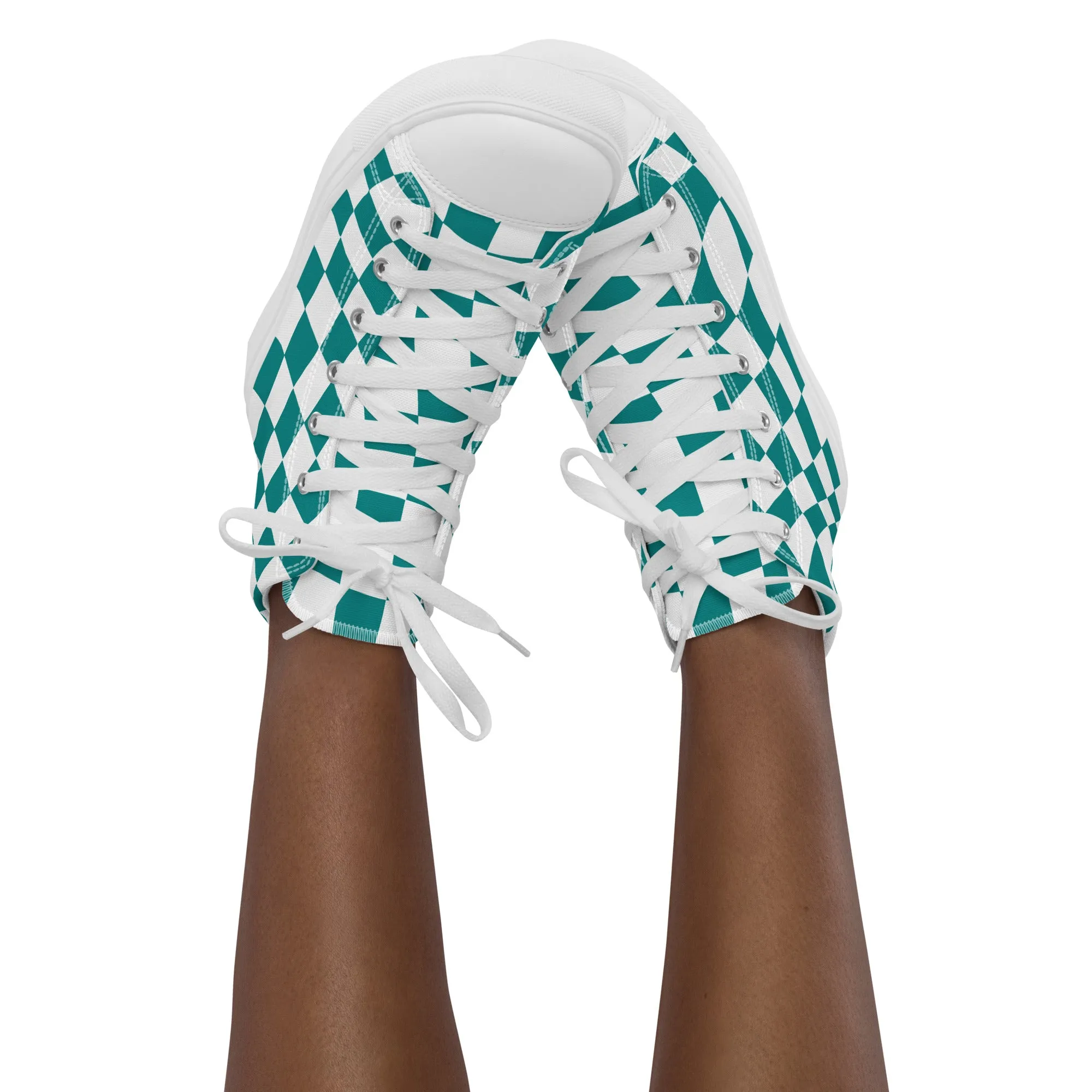 Women’s Teal Checkered high top canvas shoes, Checkered Sneakers, Gift Shoes