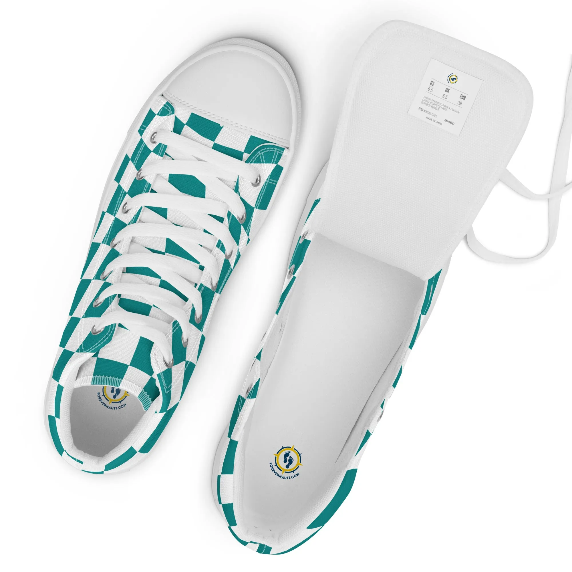 Women’s Teal Checkered high top canvas shoes, Checkered Sneakers, Gift Shoes