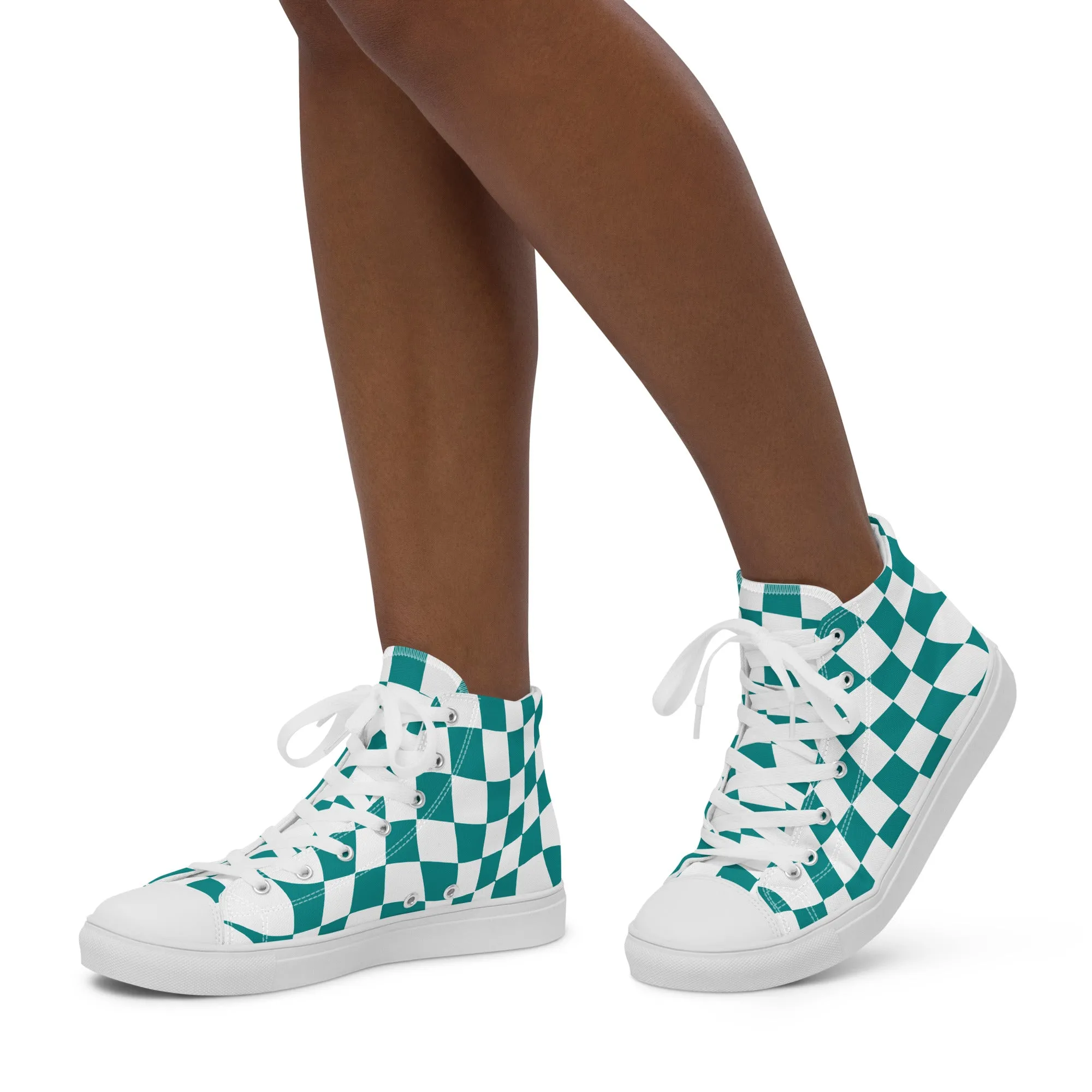 Women’s Teal Checkered high top canvas shoes, Checkered Sneakers, Gift Shoes
