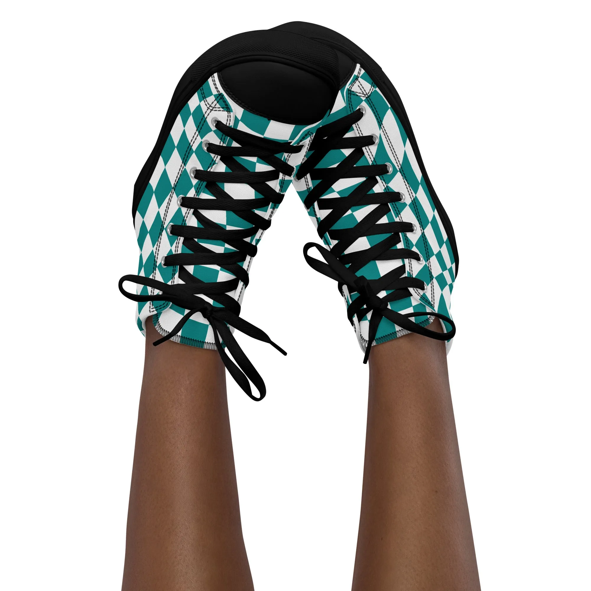 Women’s Teal Checkered high top canvas shoes, Checkered Sneakers, Gift Shoes