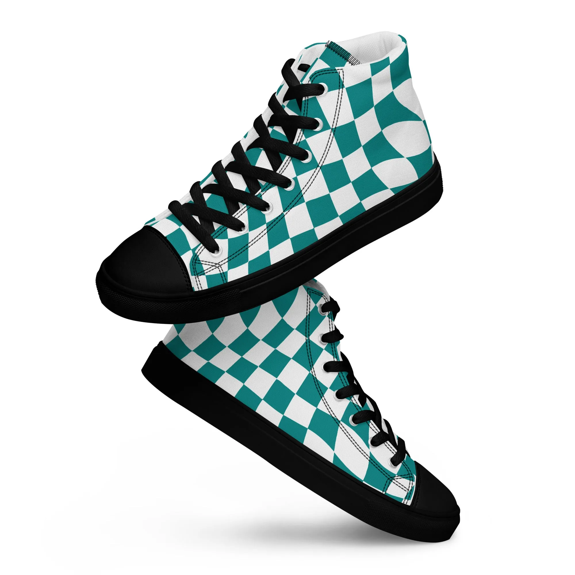 Women’s Teal Checkered high top canvas shoes, Checkered Sneakers, Gift Shoes