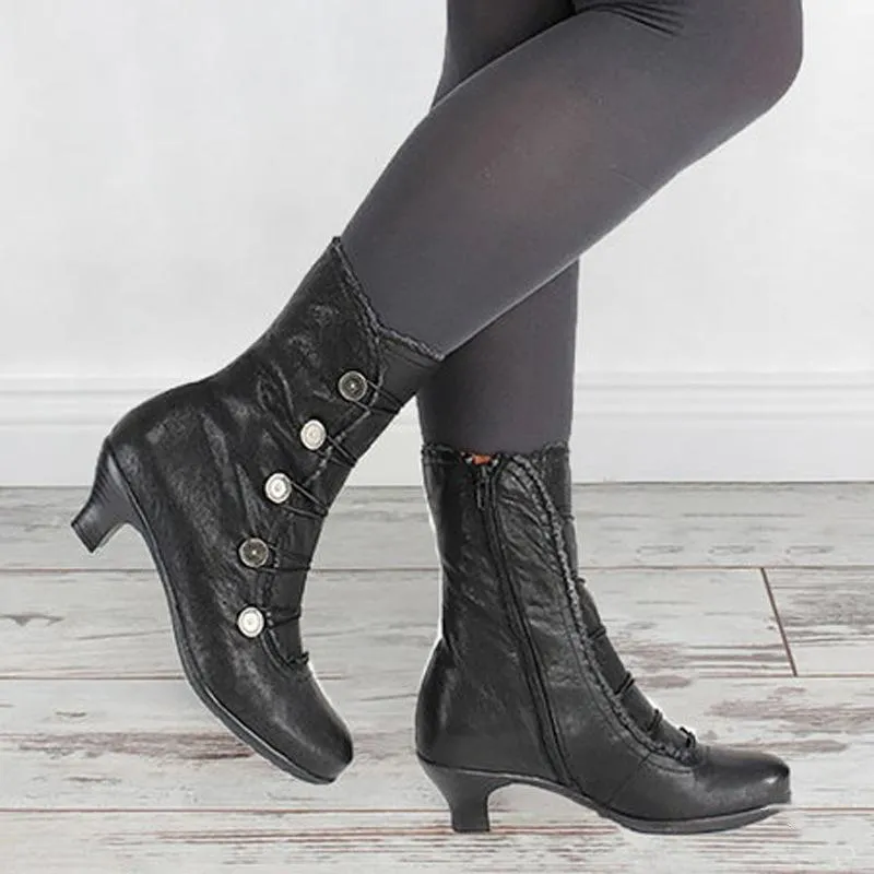 Women's vintage louis heels mid calf boots retro zipper boots