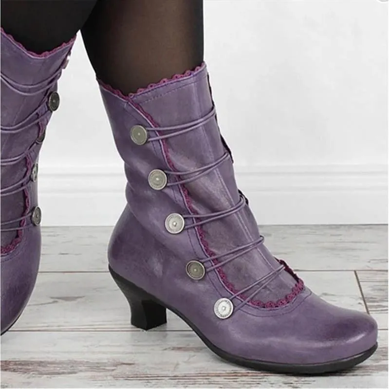 Women's vintage louis heels mid calf boots retro zipper boots