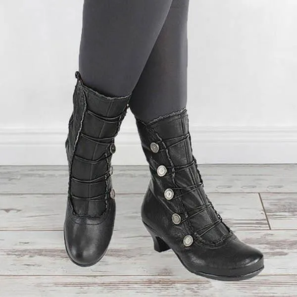 Women's vintage louis heels mid calf boots retro zipper boots