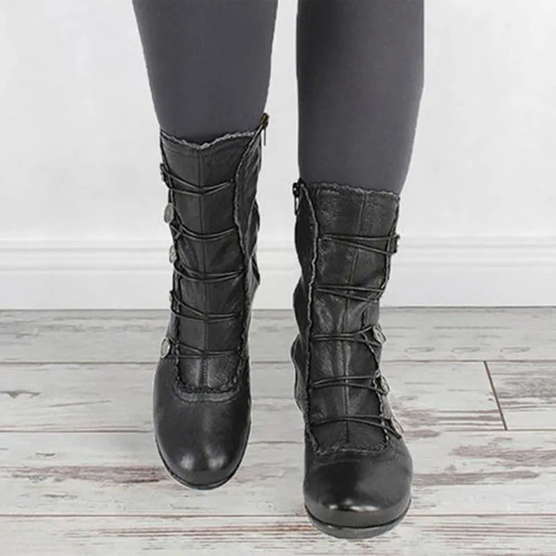 Women's vintage louis heels mid calf boots retro zipper boots