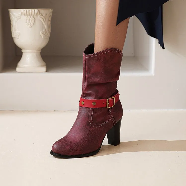 Women's vintage slouch mid calf boots chunky heels