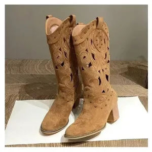 Women's Vintage Western Boots – Hollow Embroidered Design, Chunky Heels, Knee-High Cowboy Boots, PU Leather Knight Booties for Autumn