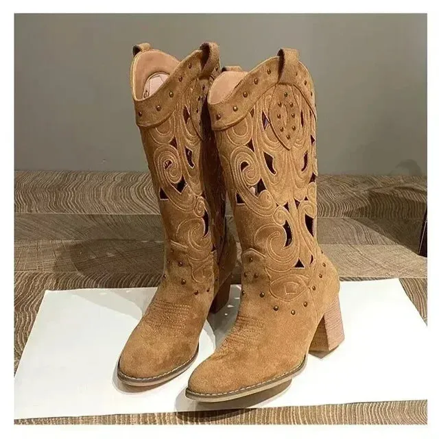 Women's Vintage Western Boots – Hollow Embroidered Design, Chunky Heels, Knee-High Cowboy Boots, PU Leather Knight Booties for Autumn