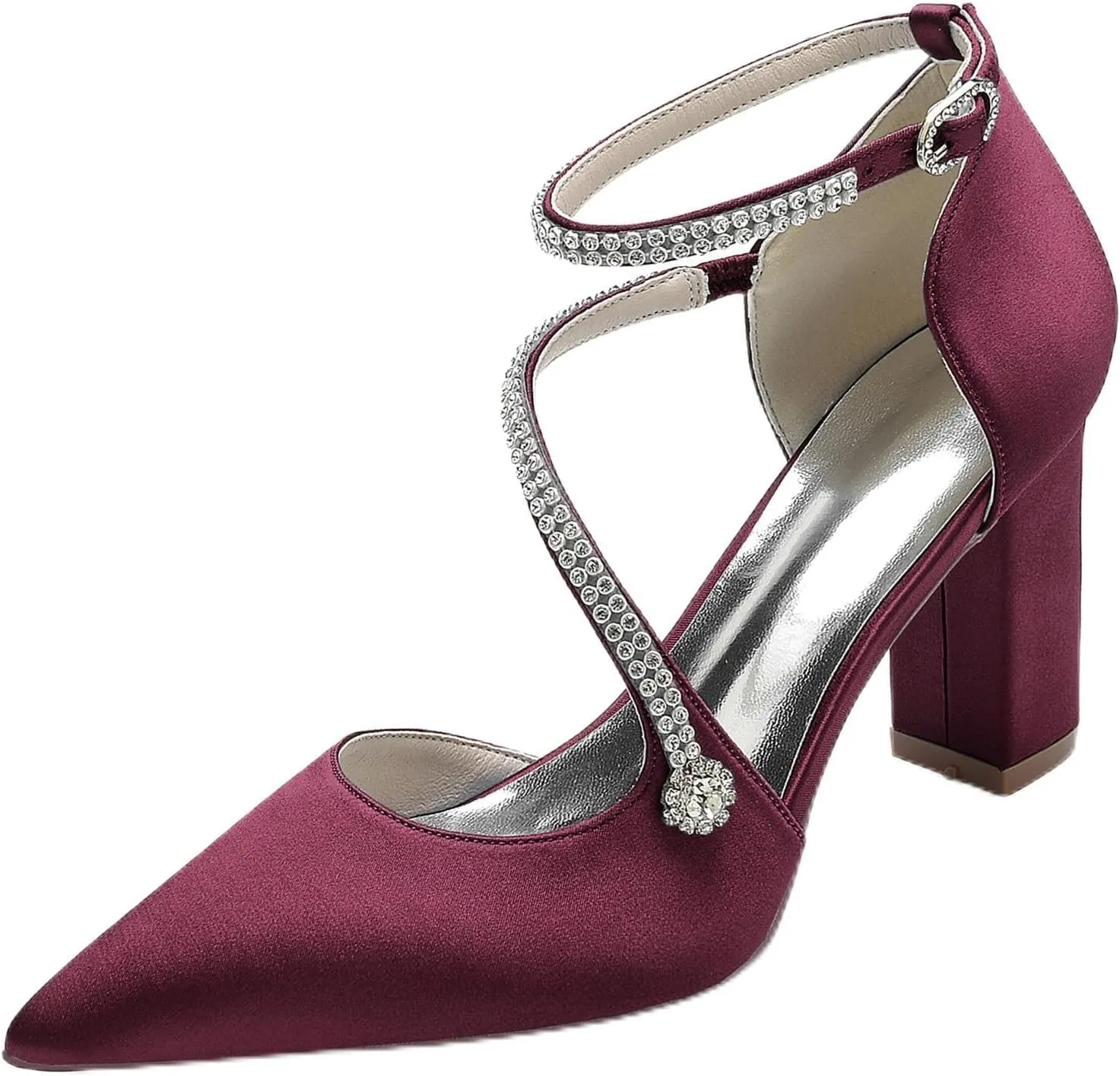 Womens with Rhinestone Ankle Strap Block Chunky Heel Pumps Wedding Business Dress Shoes Closed Pointed Toe Bridal Shoes
