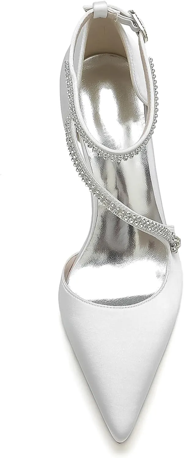 Womens with Rhinestone Ankle Strap Block Chunky Heel Pumps Wedding Business Dress Shoes Closed Pointed Toe Bridal Shoes