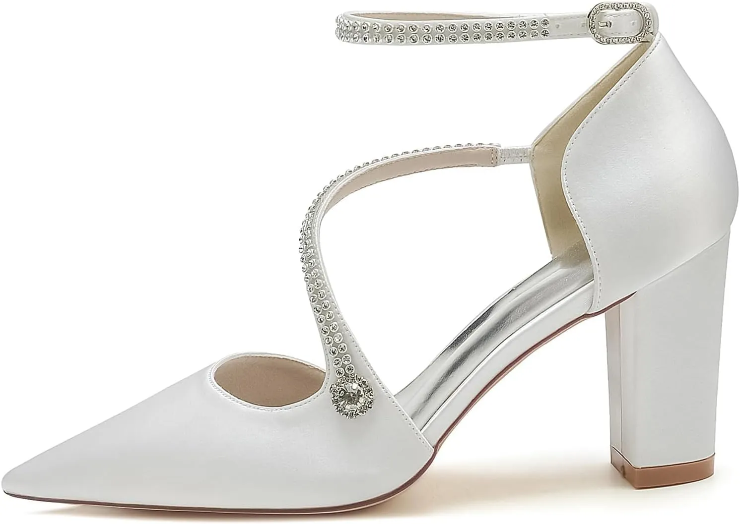 Womens with Rhinestone Ankle Strap Block Chunky Heel Pumps Wedding Business Dress Shoes Closed Pointed Toe Bridal Shoes