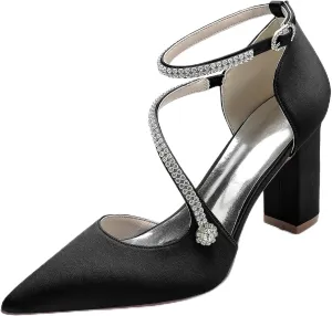 Womens with Rhinestone Ankle Strap Block Chunky Heel Pumps Wedding Business Dress Shoes Closed Pointed Toe Bridal Shoes