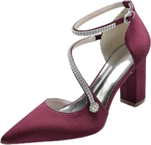 Womens with Rhinestone Ankle Strap Block Chunky Heel Pumps Wedding Business Dress Shoes Closed Pointed Toe Bridal Shoes