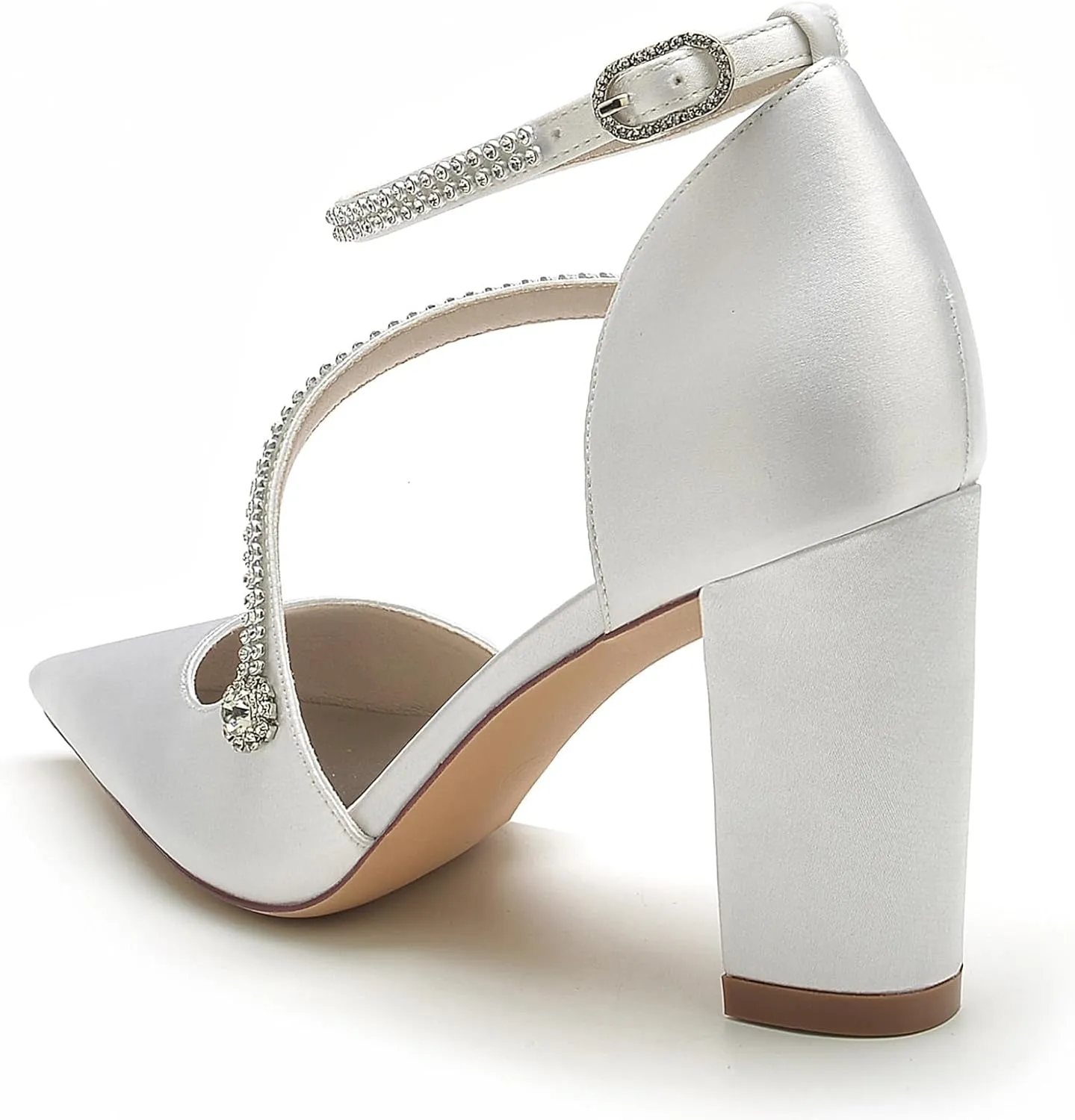 Womens with Rhinestone Ankle Strap Block Chunky Heel Pumps Wedding Business Dress Shoes Closed Pointed Toe Bridal Shoes