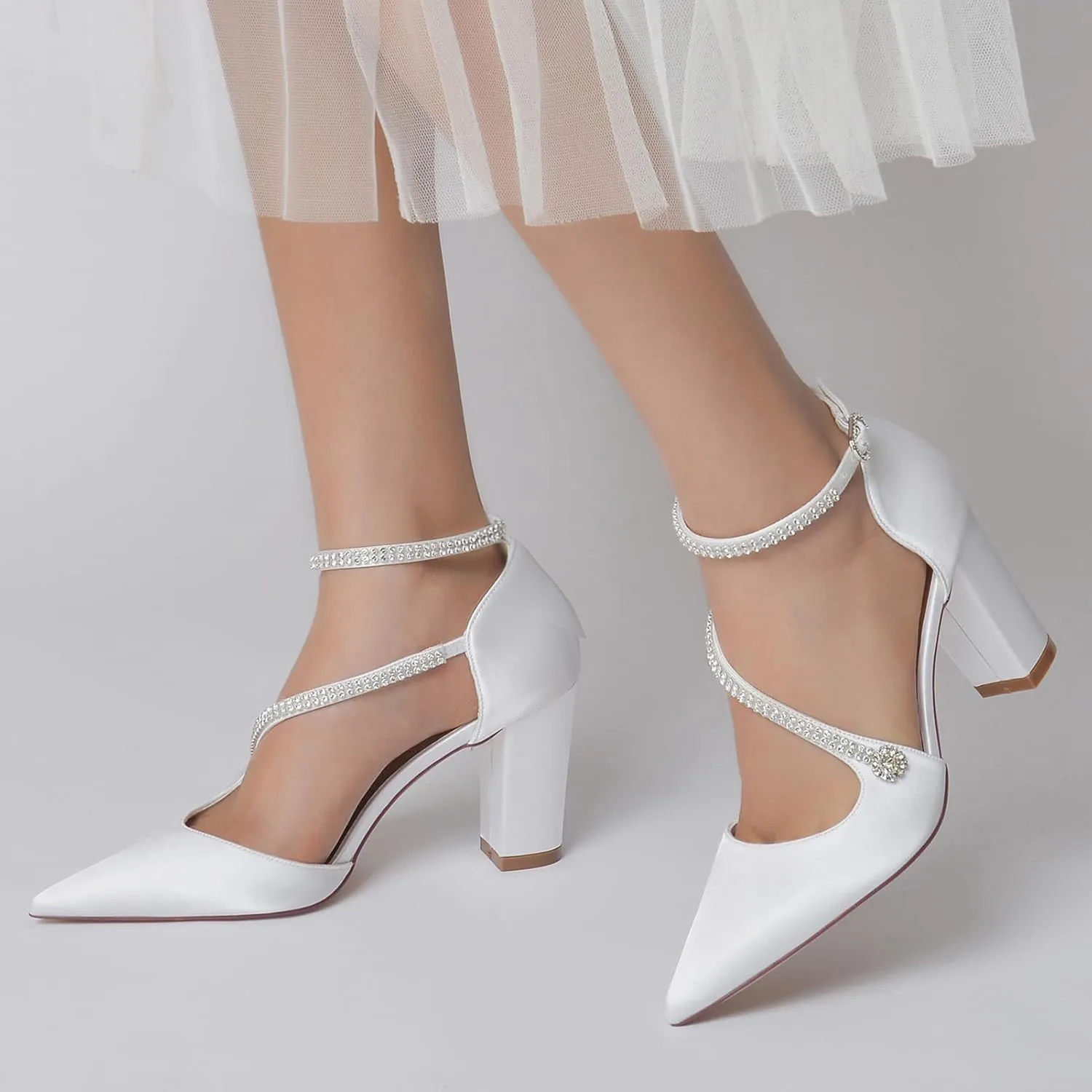 Womens with Rhinestone Ankle Strap Block Chunky Heel Pumps Wedding Business Dress Shoes Closed Pointed Toe Bridal Shoes