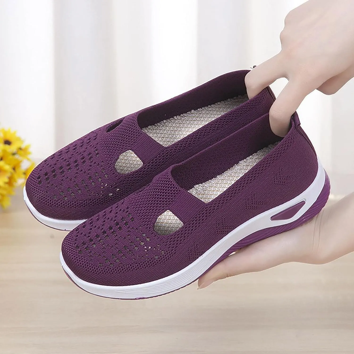 Women's Woven Breathable Soft Sole Shoes Arch Support Knit Upper Stretch Slip on Casual Orthopedic Sneakers Summer