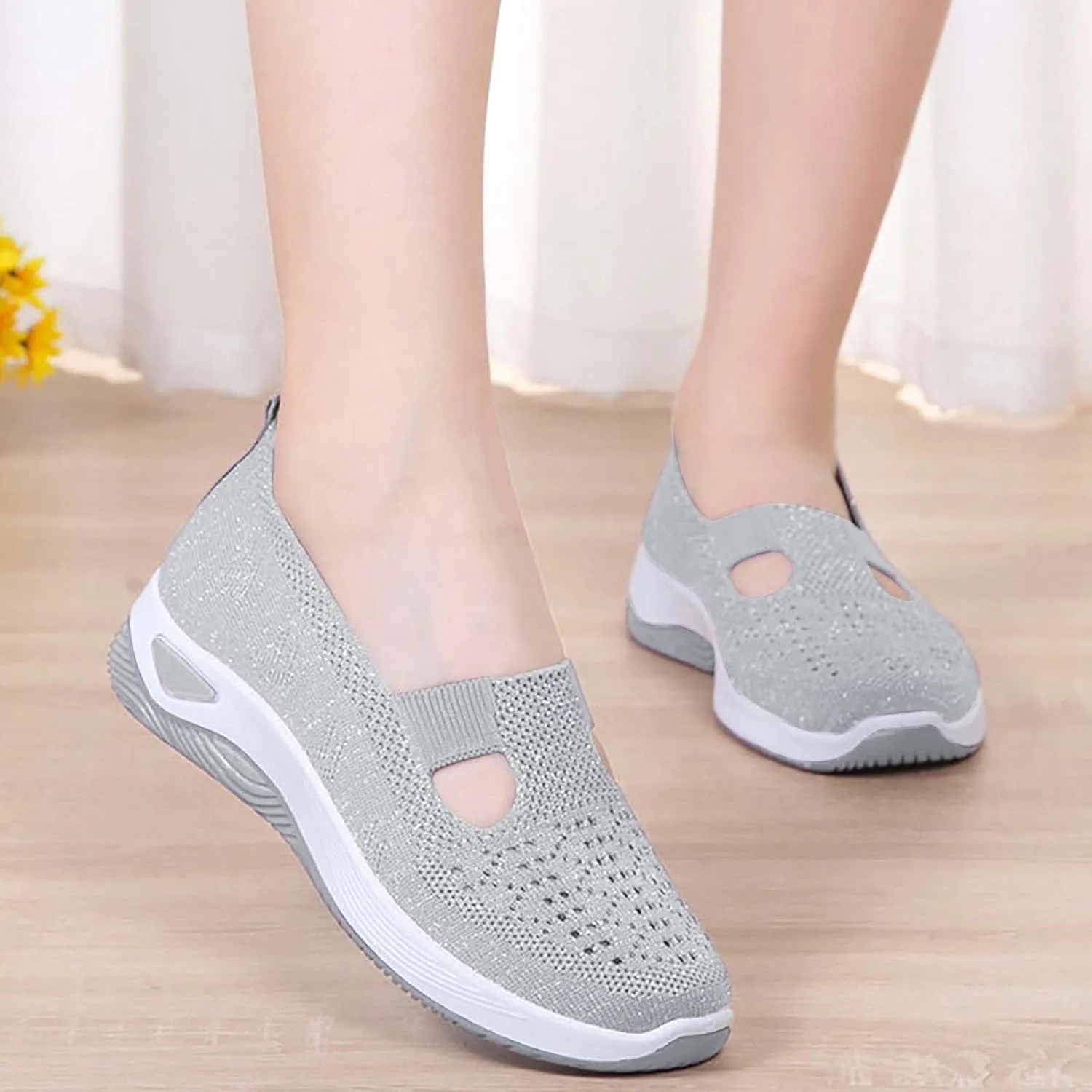 Women's Woven Breathable Soft Sole Shoes Arch Support Knit Upper Stretch Slip on Casual Orthopedic Sneakers Summer