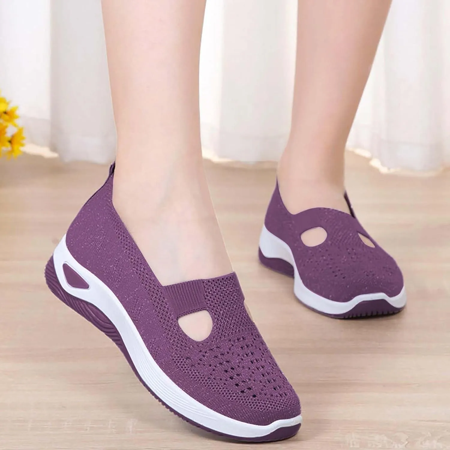 Women's Woven Breathable Soft Sole Shoes Arch Support Knit Upper Stretch Slip on Casual Orthopedic Sneakers Summer