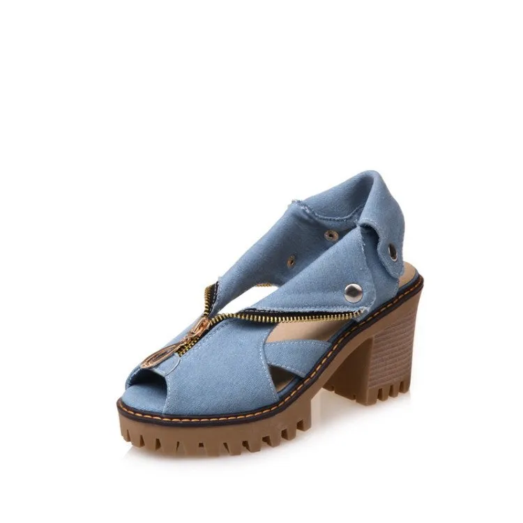 Women's's Denim Peep Toe Hollow Out Chunky Heel Platform Sandals