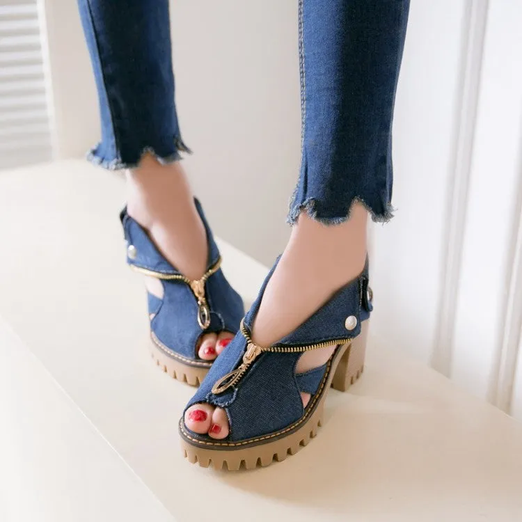 Women's's Denim Peep Toe Hollow Out Chunky Heel Platform Sandals