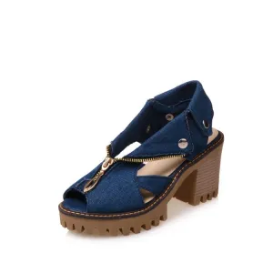 Women's's Denim Peep Toe Hollow Out Chunky Heel Platform Sandals