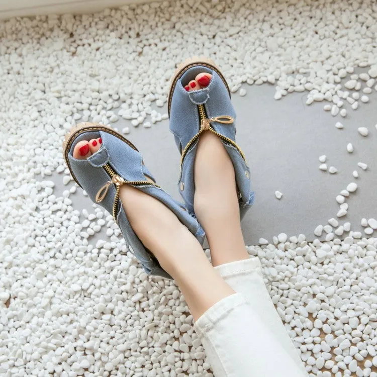 Women's's Denim Peep Toe Hollow Out Chunky Heel Platform Sandals