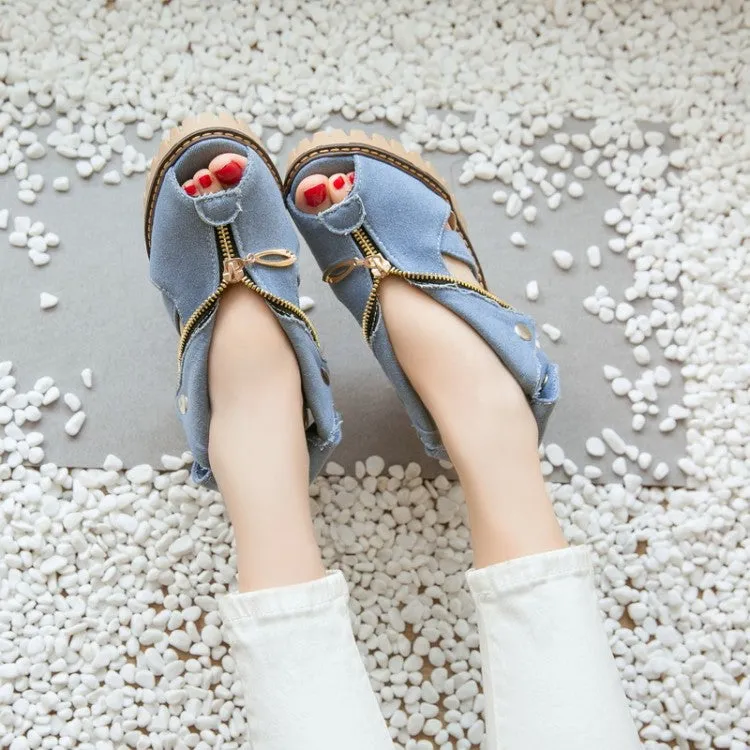 Women's's Denim Peep Toe Hollow Out Chunky Heel Platform Sandals