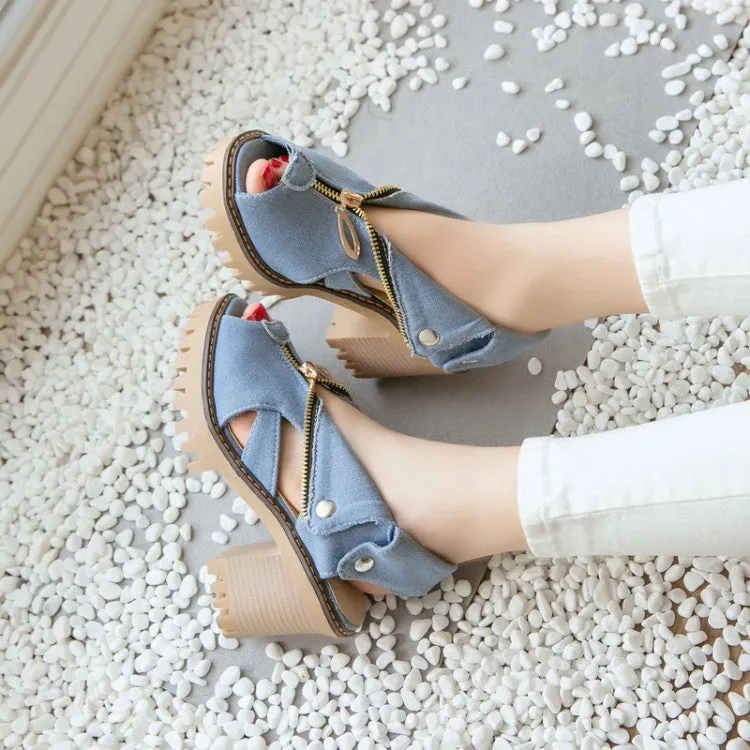 Women's's Denim Peep Toe Hollow Out Chunky Heel Platform Sandals