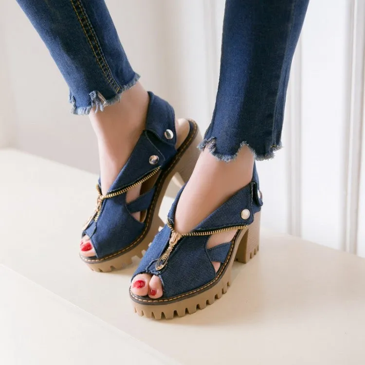 Women's's Denim Peep Toe Hollow Out Chunky Heel Platform Sandals
