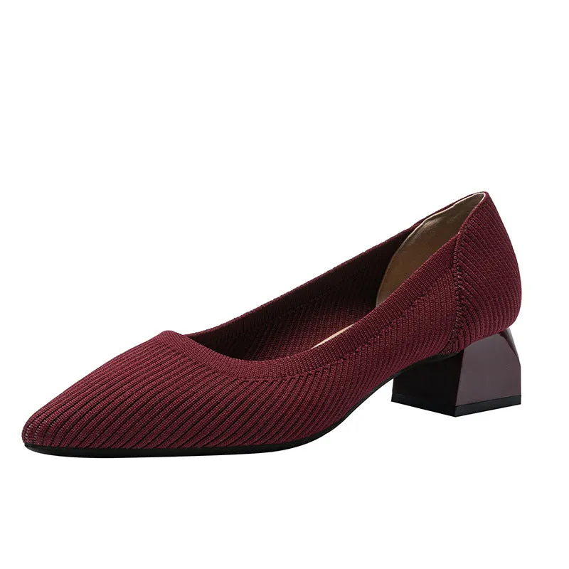Work Shoes Women Breathable Pointed Shallow Mouth Medium High Thick Heel Knitting Casual Shoes