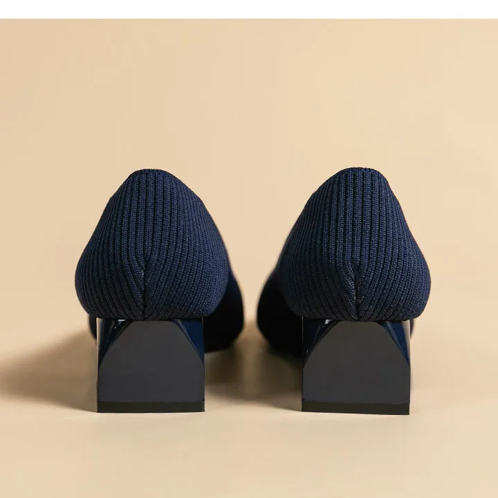 Work Shoes Women Breathable Pointed Shallow Mouth Medium High Thick Heel Knitting Casual Shoes