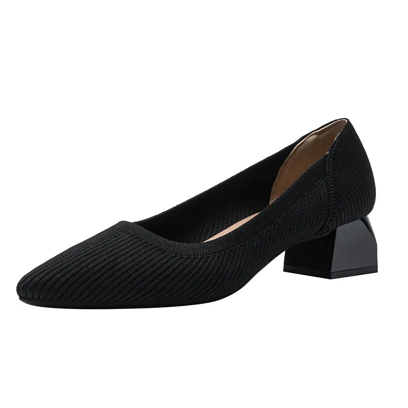 Work Shoes Women Breathable Pointed Shallow Mouth Medium High Thick Heel Knitting Casual Shoes