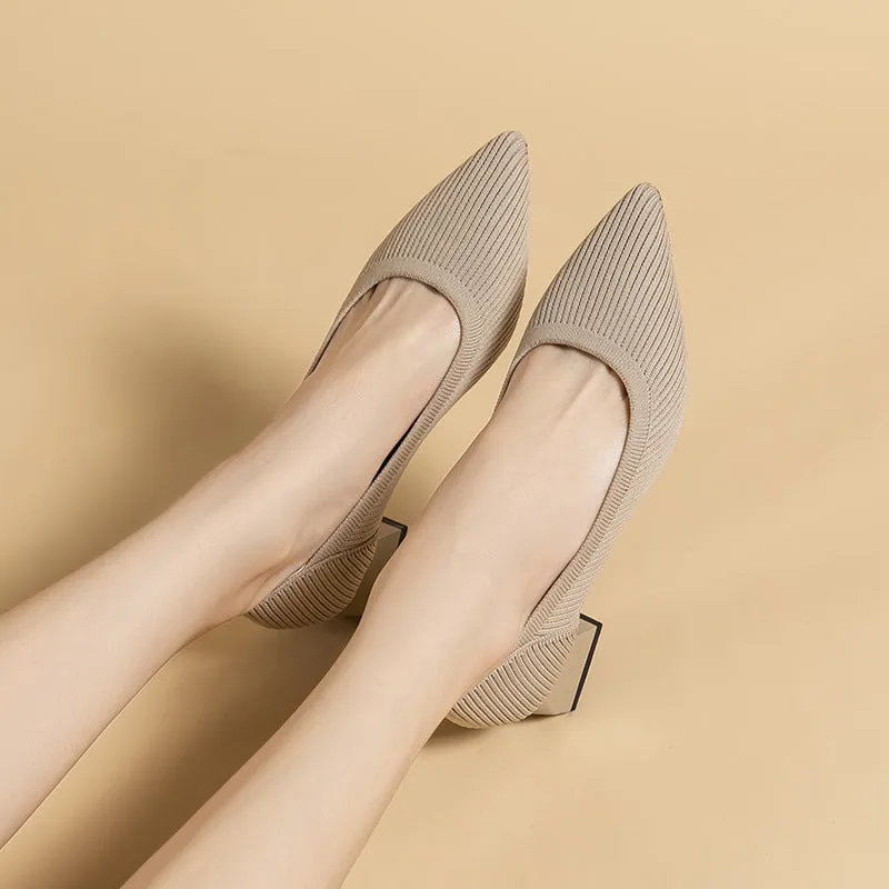 Work Shoes Women Breathable Pointed Shallow Mouth Medium High Thick Heel Knitting Casual Shoes