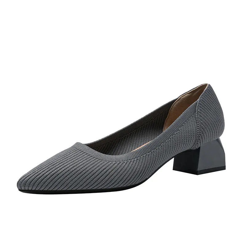 Work Shoes Women Breathable Pointed Shallow Mouth Medium High Thick Heel Knitting Casual Shoes