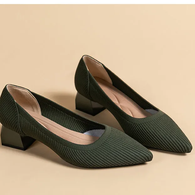 Work Shoes Women Breathable Pointed Shallow Mouth Medium High Thick Heel Knitting Casual Shoes