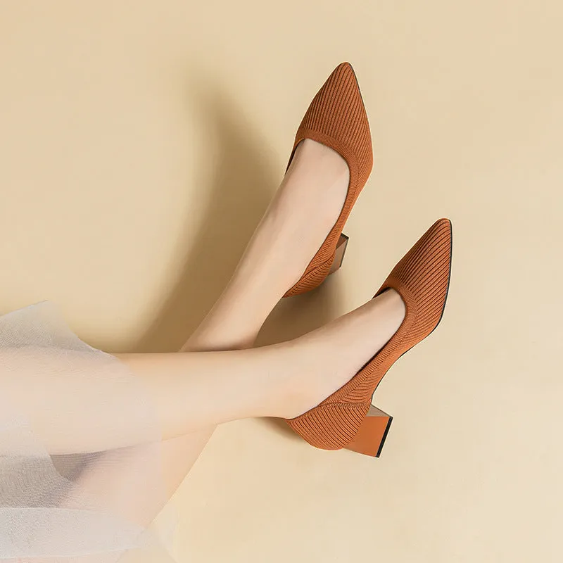 Work Shoes Women Breathable Pointed Shallow Mouth Medium High Thick Heel Knitting Casual Shoes